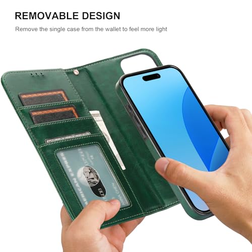 Bocasal Detachable Wallet Case Card Holder for iPhone 16 Pro Max Green | RFID Blocking Kickstand Card Slots Holder PU Leather Magnetic Shockproof Wrist Strap Removable Flip Protective Cover 6.9 inch - color: Green