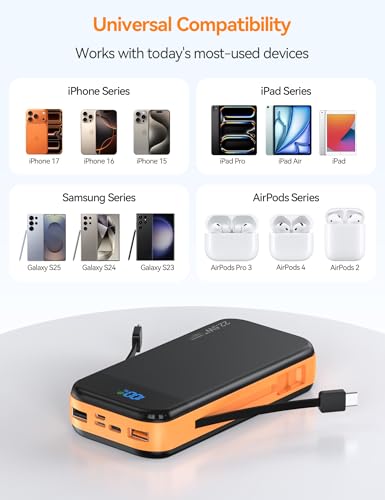 Phone Battery Bank 32000mAh 22.5W w/Built-in Cables & USB C Fast Charging - color: Orange