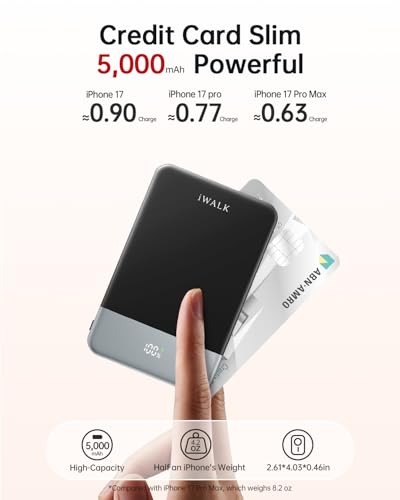 iWALK Magsafe Portable Charger 5,000mAh, Ultra-Slim Magnetic Wireless Power Bank with LED Display, PD 20W USB-C Fast Charging Battery Pack, Compatible with iPhone 17/17 Pro/16/15/14/13 Series, Black - color: Black