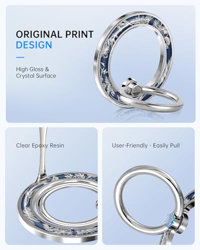 Magnetic Phone Ring Holder, Cute Magnetic Phone Grip, Blue Floral - color: Blue Floral