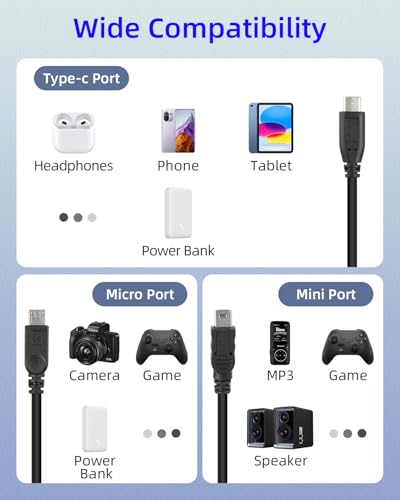 3 in 1 USB C Splitter Charge Cable, Type C Female to Micro USB and Mini USB and Type C Male Charging Cables,Multi USB-C Splitter Cable Only Support Charging(1FT/2 Pack)