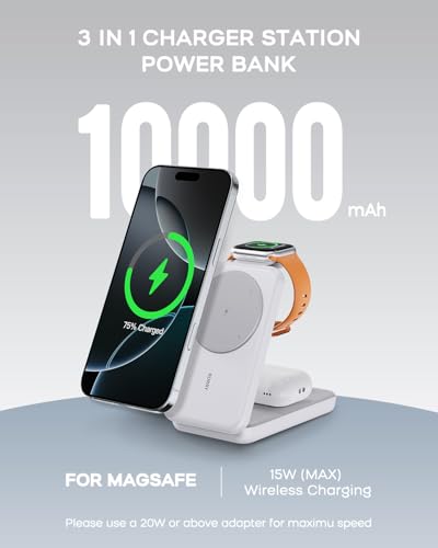 RORRY Portable Charger, 3 in 1 10000mAh Power Bank for MagSafe Battery - color: White
