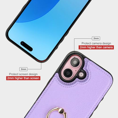 Folosu Compatible with iPhone 16 Case Wallet with Card Holder, 360°Rotation Finger Ring Holder Kickstand, RFID Blocking Leather Protective Double Buttons Shockproof Cover 6.1 Inch Purple - color: Purple