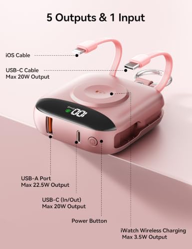 Portable Charger 10000mAh 22.5W Power Bank Built-in 2 Cables Keychain - color: Rose Gold