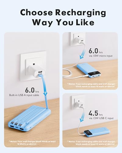 charmast Power Bank Portable Charger with Reinforced Built-in 4 Cables - color: SkyBlue