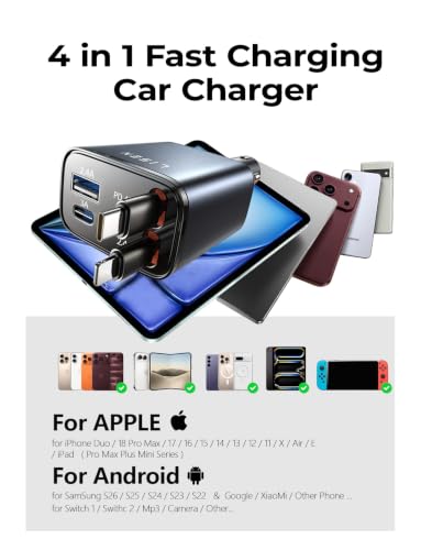 LISEN Retractable Car Charger, 84W Car Charger USB C Fast Charge, 4 in 1 - color: Grey, size: 31.5 Inch