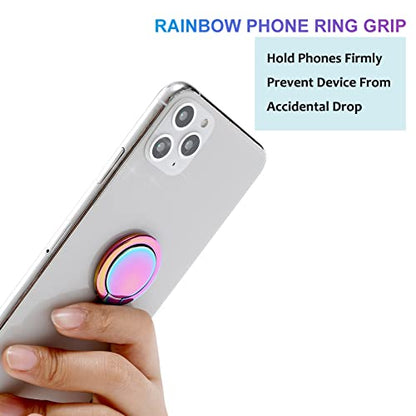 Rainbow Cell Phone Ring Stand Holder,Multicolor Ring Grip Kickstand,Iridescent 360 Rotation Metal Finger Ring for Phones,Pad
