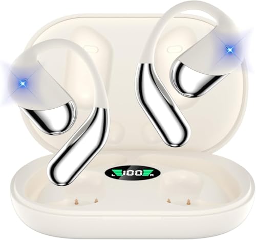 Open Ear Clip Wireless Earbuds Headphones, Bluetooth 5.4, Open Ear Design, Built-in Mic, IPX7 Waterproof, LED Display Charging Case,Ear Hooks Ear Buds Ultra for Fitness/Travel/Gym/Running/workout - color: off-white