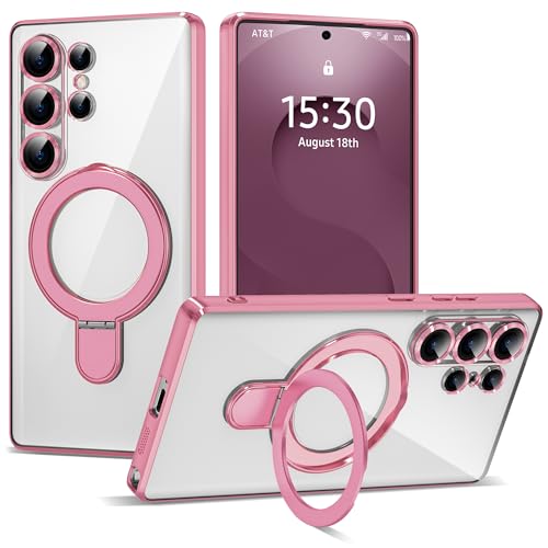 Compatible with Samsung Galaxy S25 Ultra Case with Magnetic Ring Stand [Compatible with Mag-Safe] [Full Camera Lens Protector] Plating Clear Phone Case for S25 Ultra 6.9", Pink - color: Pink, size: Samsung Galaxy S25 Ultra