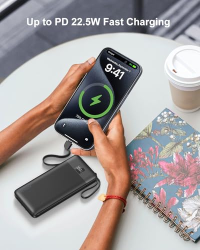Portable Charger 10000mAh Power Bank w/Built-in 3 Cables & AC Wall Plug - color: Black