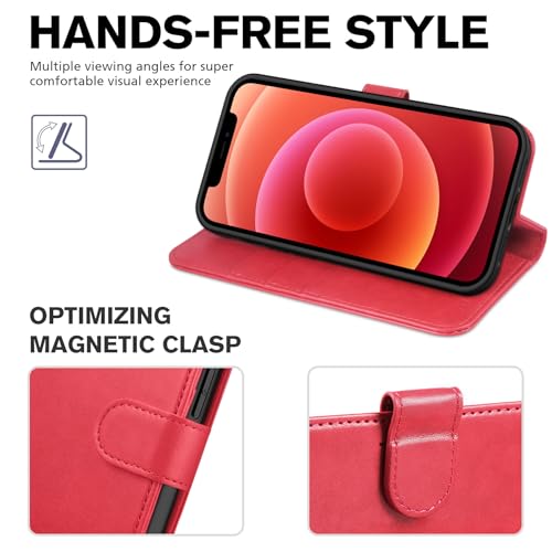 TUCCH Wallet Case for iPhone 12 Pro & iPhone 12 6.1" 2020, Flip Stand, Red | RFID Blocking, 3 Card Holders, Kickstand, PU Leather, Shockproof TPU Shell, Magnetic Closure, Protective Folio Cover - color: Red