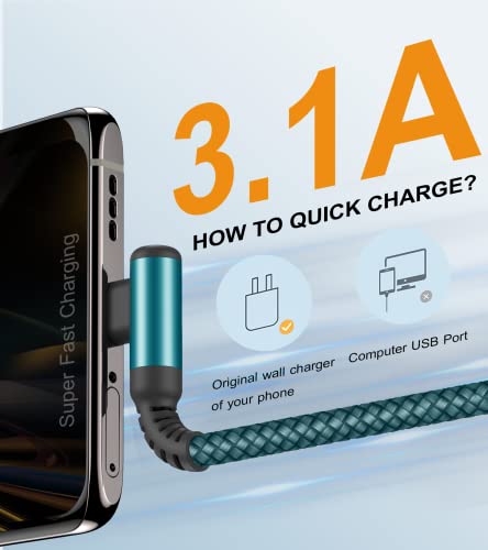 USB to USB C Cable Right Angle 3.1A Fast Charging Carplay 2Pack 6.6ft Green - color: green, size: 6.6ft+6.6ft