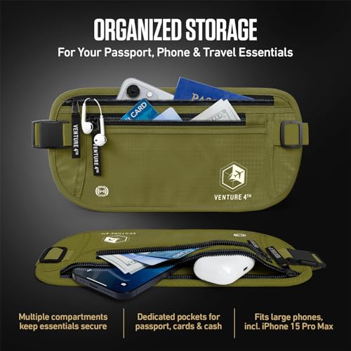 VENTURE 4TH Travel Money Belt, RFID Blocking Passport Holder - Green - color: Green