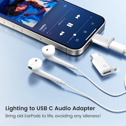 Lightning to USB-C Adapter Audio for Headphones, 2 Pack USB-C Male to Lightning Female Earbuds Adapter with Mic & Line Control, No Charging/Data, Compatible with iPhone 15/16/17, iPad, USB-C Devices