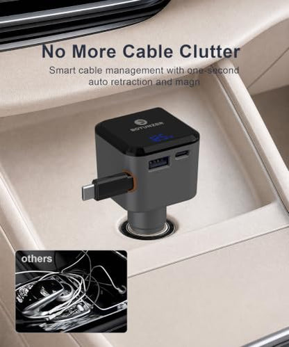 97.5W Retractable Car Charger with Real-Time Voltage Display, 3 in 1 Fast USB C Car Charger Built-in 27in Retractable Cable for iPhone 12-17 Pro Max, Samsung Galaxy S25, Android