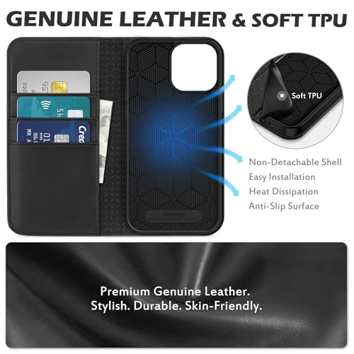 SHIELDON Genuine Leather Wallet Case for iPhone 13 Pro Max 6.7" 2021, Black | Magnetic Closure, RFID Blocking, Credit Card Holder, Kickstand, Folio Book Design, Shock Absorbing Protective Cover - color: Black