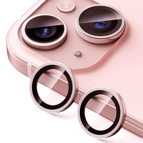 2 Pack Camera Lens Protector for iPhone 14/14 Plus/iPhone 15/15 Plus,9H Tempered Glass Scratch Resistant Metal Ring Camera Cover Accessories,Pink - color: Pink