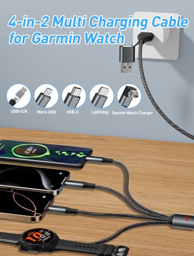 100W Multi Charging Cable for Garmin Watch - 10ft Multiple USB Fast Charging Cord with USB-C (100W), Lightning, Micro-USB & Garmin Watch Charger, Braided for iPhone 17-6, iPad, Android, Laptop