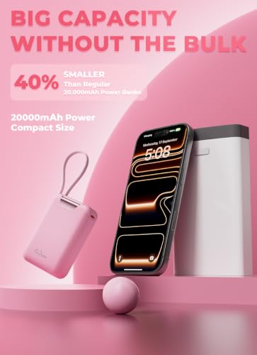 M2 Portable Charger, 20000mAh Power Bank, PD 35W Ultra Fast USB-C Built-in Cable, Compact Cute Mini External Battery Pack for iPhone, Samsung, Android iPad (Pink) - color: Pink