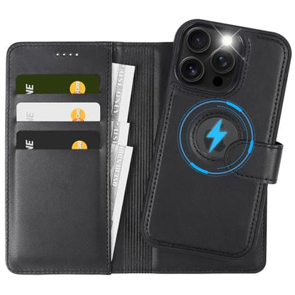 2 in 1 PU Leather for iPhone 16 Pro Case, Detachable Wallet Case with Card Holder, Removable Flip Folio Cover with RFID Blocking, Stand Shockproof Phone Cover（Compatible with MagSafe） Black - color: Black, size: Iphone 16 pro