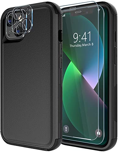 Diverbox for iPhone 13 Case [Shockproof] [Dropproof] [Tempered Glass Screen Protector + Camera Lens Protector],Heavy Duty Protection Phone Case Cover for Apple iPhone 13 (Black) - color: 13-Black-screen protector