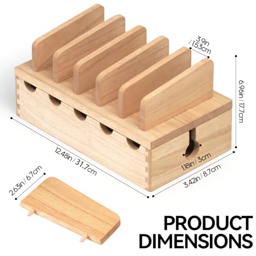 KIRIGEN Wood Charging Station Rack Organizer for Multiple Devices Desktop Organizer with 5 Ports for Cell Phones, Tablets, Earphones Wooden Cable Management DDXH-NA