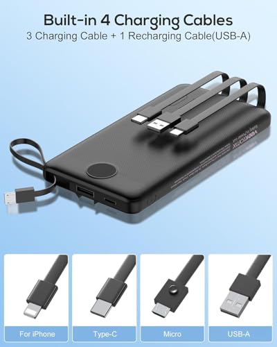 VEEKTOMX 10000mAh Portable Charger with Built-in Cables - color: 10000mAh Black