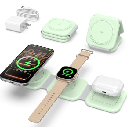 15W Magnetic Travel Charging Station, 3-in-1 Foldable MagSafe Charger - color: Mint Green
