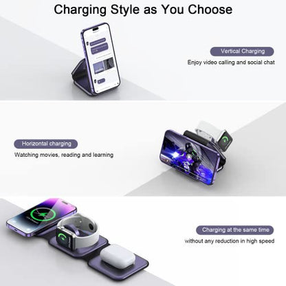 3 in 1 Wireless Charging Station for Apple,Foldable Magnetic Travel Charger - color: deep purple