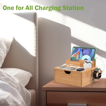 Pezin & Hulin Bamboo Charging Station with Power Charger & Cables-Black - color: #1 Bamboo (With Charger)