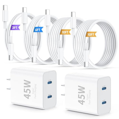 QZIIW iPhone 17 16 15 Pro Max Fast Charger,45W Dual Port USB C Fast Charger - color: White, size: 3FT+6FT+10FT+10FT
