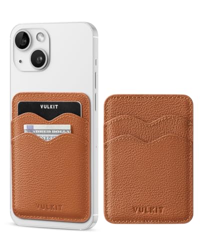 VULKIT Stick on Card Holder Compatible for iphone Leather Cell Phone Wallet Credit Card Case Strong Sticker for Women - color: Genuine Brown