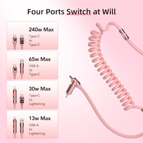 MFish 4 in 1 Coiled USB C Cable, 6.6FT, 240W, Pink - color: Pink（Coiled USB C Cable）