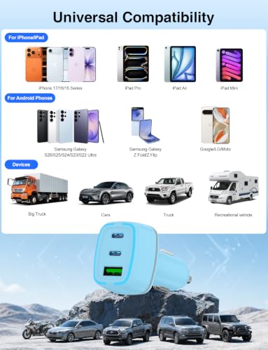 75W USB C Car Charger, 3-Port Super Fast Charging Cigarette Lighte - color: Blue
