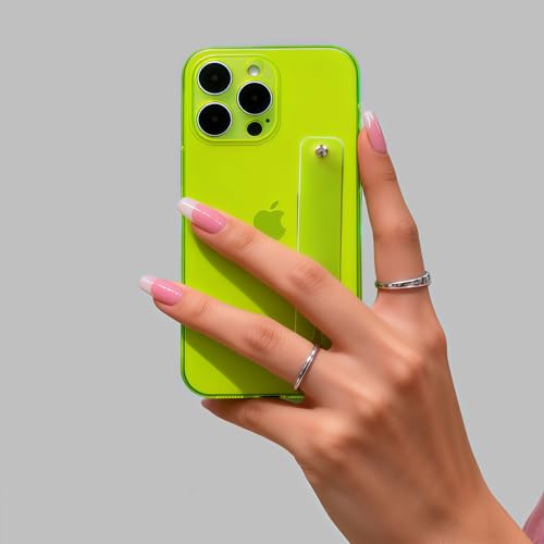 Strap Case for iPhone 13 Pro Max with Stand, Neon Green | Wrist Strap Kickstand, Adjustable Finger Hand Grip Loop, Slim Transparent Anti-Scratch Back, Soft Bumper Phone Cover - color: Neon Green, size: iPhone 13 Pro Max
