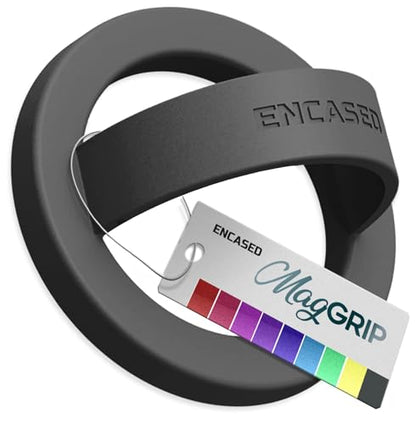 Encased Magnetic Phone Grip Holder Thin Silicone Finger Loop Ring, Compatible with Magsafe (Black) - color: Black