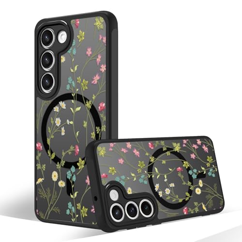 Magnetic Case for Samsung Galaxy S23 [Compatible with MagSafe] Black Flower Floral Case for Women Girls Soft TPU Bumper Hard PC Back Anti-Fall Shockproof Protective Slim Cover A8 - color: Flower Branch 1, size: Samsung Galaxy S23