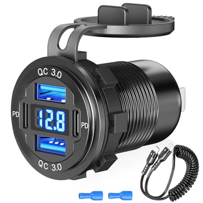 12V USB C Outlet 78W 4 Ports Aluminum Car Charger Socket, Dual PD 30W and Dual QC 18W Car USB Port 12V Charger with Voltmeter and C to C Cable, Suitable for Boat Marine Bus Truck Golf RV Motorcycle - size: 4USB