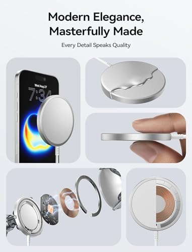 JSAUX Charger for iPhone 17 Magsafe Wireless Charging, Compatible with iPhone 17 Air Pro Max/16/15/14/13/12 Series, Magnetic Mag Safe Charging Pad, Aluminum Alloy, USB & USB C Dual Ports - Silver - color: Silver