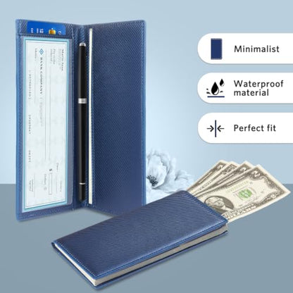 CoBak Checkbook Cover for Women & Men - PU Leather Case with RFID Blocking | Classic Design Check Book Holder for Personal and Business - color: Carbon Blue