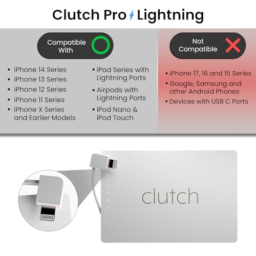 Clutch Pro – World's Thinnest iPhone Charger – Portable Power Bank 5000mAh – Magnetic Built-in Lightning Cable – TSA Approved Travel Charger – iPhone 14 & Earlier – White - color: White