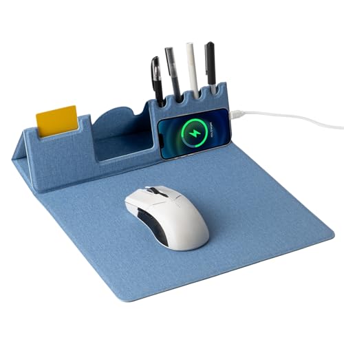 Mouse Pad with Phone Holder & Pen Holders, Wireless Charging Desk Mat, Mousepad Home Office Desk Pad with Ultra-Smooth Surface, Non-Slip Base, Waterproof Keyboard Pad, Classic Blue Desk Mat - color: Blue
