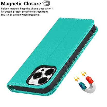 iCoverCase Compatible with iPhone 13 Pro Wallet Case with Credit Card Holder and Wrist Strap, RFID Blocking Genuine Leather Flip Magnetic Phone Cover 6.1 Inch (Blue-Green) - color: 1-Blue-Green (No Headphone Storage Belt), size: iPhone 13 Pro