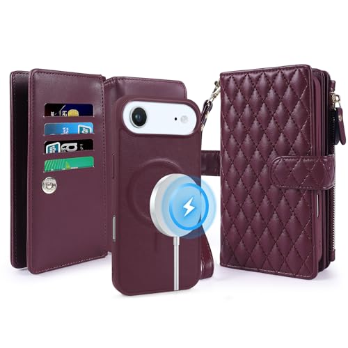 for iPhone 17 AIR Case Wallet,Compatible with MagSafe 2 in 1 Magnetic Detachable PU Leather RFID Blocking Wallet Cover Card Holder Zipper Wrist Strap Lanyard,Quilted Wine Red - color: Quilted Wine Red, size: iPhone 17 AIR
