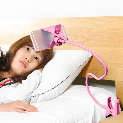 Gooseneck Cell Phone Holder - Flexible Adjustable Clamp for Desk, 360° Long Arm Mobile Phone Stand with Clip for Headboard & Bedside, Phone Stand Lazy Bracket Mount Clamp for Lazy Use in Bed (Pink) - color: Pink