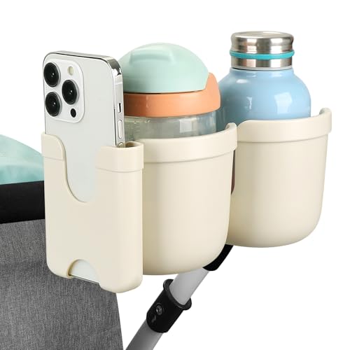 Accmor Stroller Cup Holder with Phone Holder, Bike Cup Holder, Universal Cup Holder for Uppababy Nuna Strollers, 2-in-1 Drinks Holder for Walker, Wheelchair, Scooter - color: Double Holder-All Off White