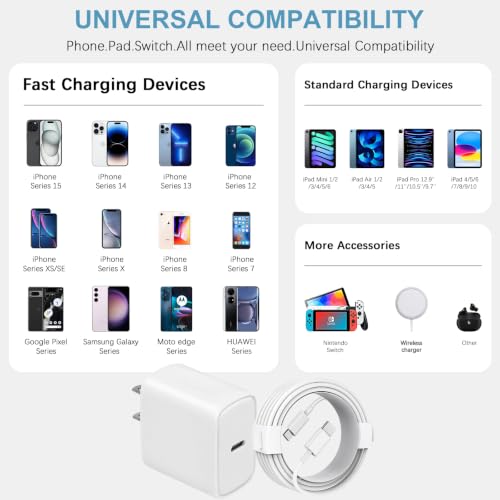 10FT iPhone 17 16 15 Charger Fast Charging USB C Charger Block - color: White, size: 10FT