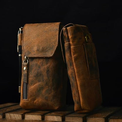Leather Village Genuine Leather 7”x3.5” Phone Holster Pouch with Belt Clip, Magnetic Closure, ID Card Holder - Brown Universal Case for iPhone, Samsung Galaxy, Google Pixel - color: Distressed Brown