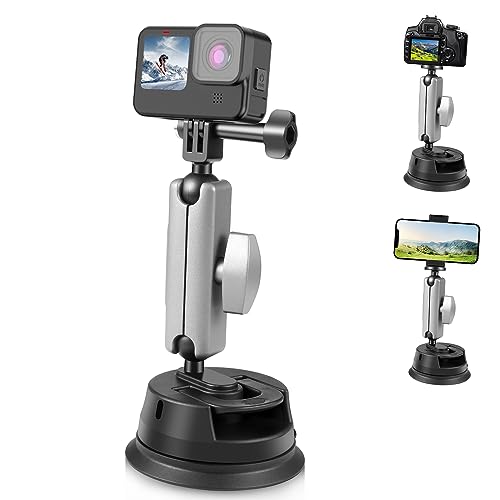 PULUZ Car Suction Cup Mount 360° Rotation Windshield & Window Camera Bracket for GoPro Hero 11 10 9 8 7 Insta360 X3 DJI Action Camera Accessories with Phone Holder with 1/4 Thread