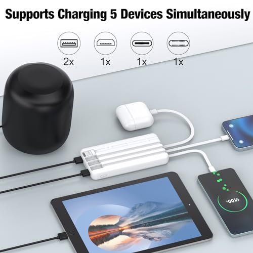 Portable Charger with Built in Cables,High Speed Power Bank 10000mAh Travel Battery Pack 5 Outputs 3 Inputs Portable Phone Charger Backup Battery for iPhone, Samsung, iPad,Tablets (White) - color: White